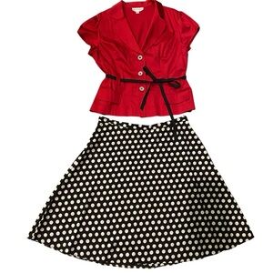 VTG 2Pc Studio I Button Up Top Polka Dots Skirt Set Size 18 Red, White, Black